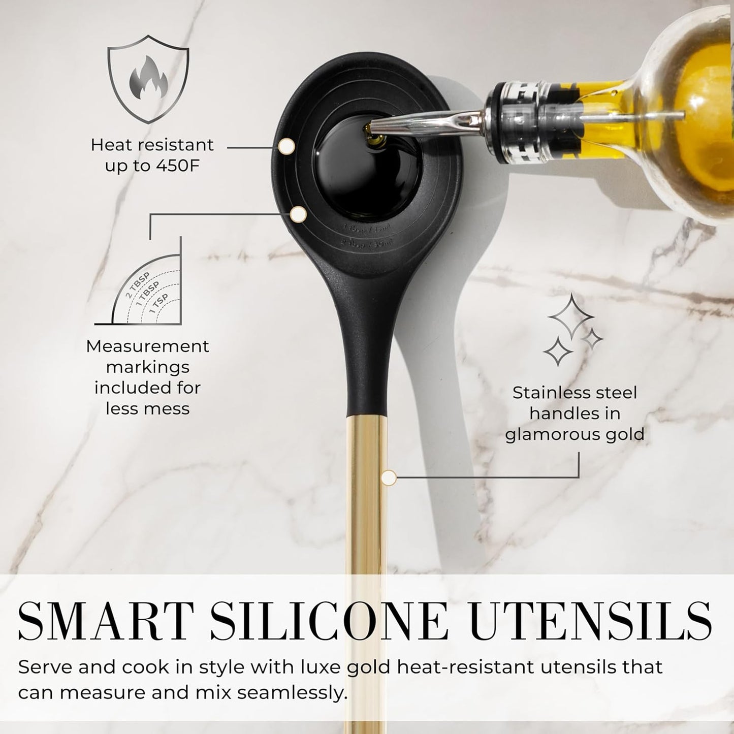 Styled Settings Black and Gold Cooking Utensils Set - 7-Piece Silicone Utensils Set Include Spatula