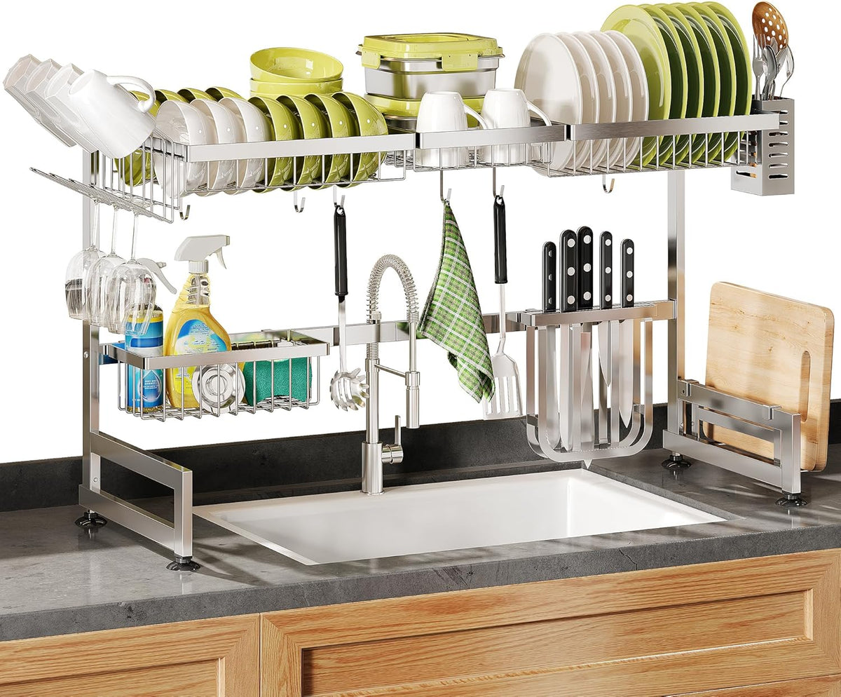 2 Tier Extra Large Stainless Steel Expandable Over The Sink Dish Drainer Drying Rack, Rust Proof