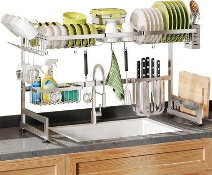 2 Tier Extra Large Stainless Steel Expandable Over The Sink Dish Drainer Drying Rack, Rust Proof