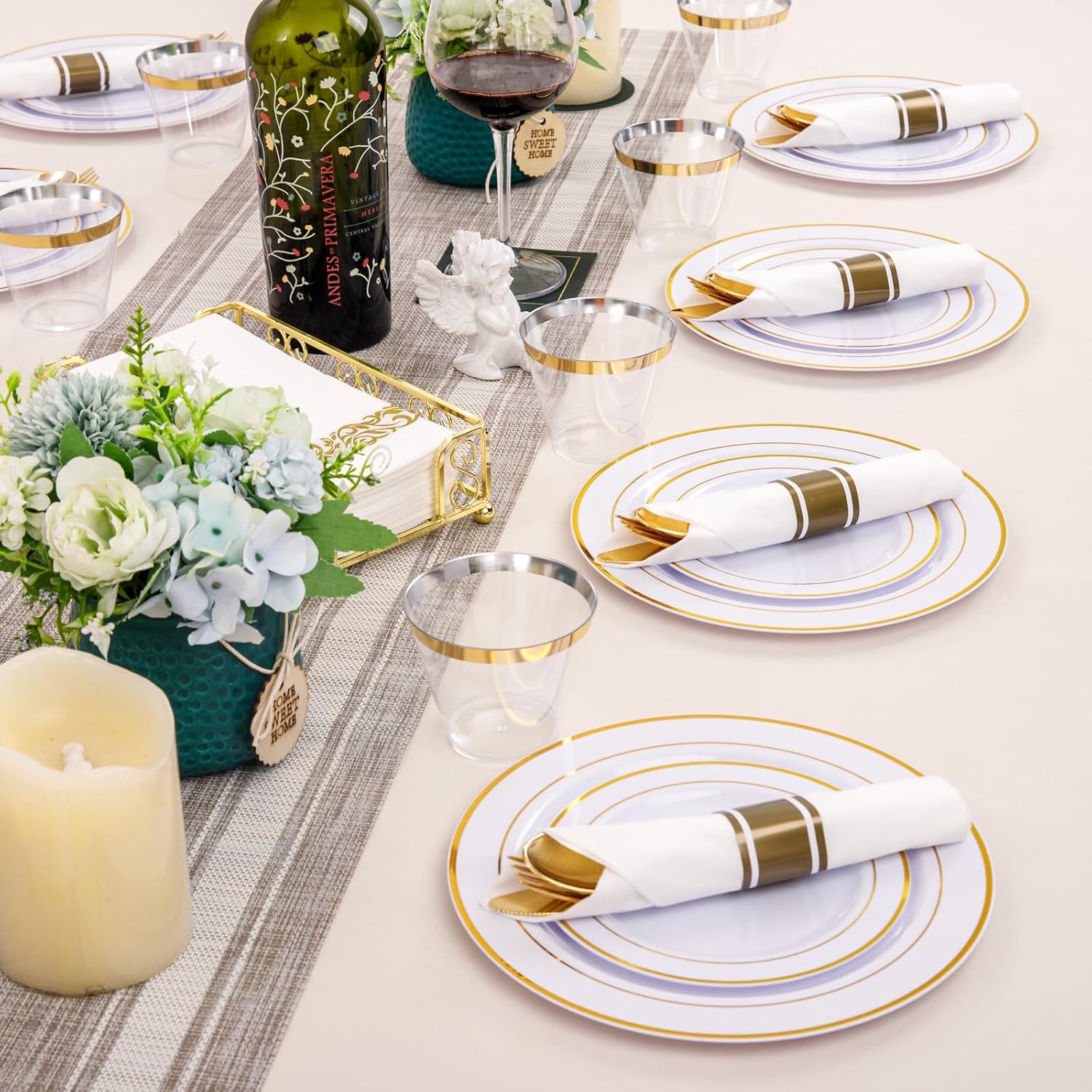 350Piece Gold Dinnerware Set for 50 Guests - Gold Plastic Plates with Disposable Cutlery