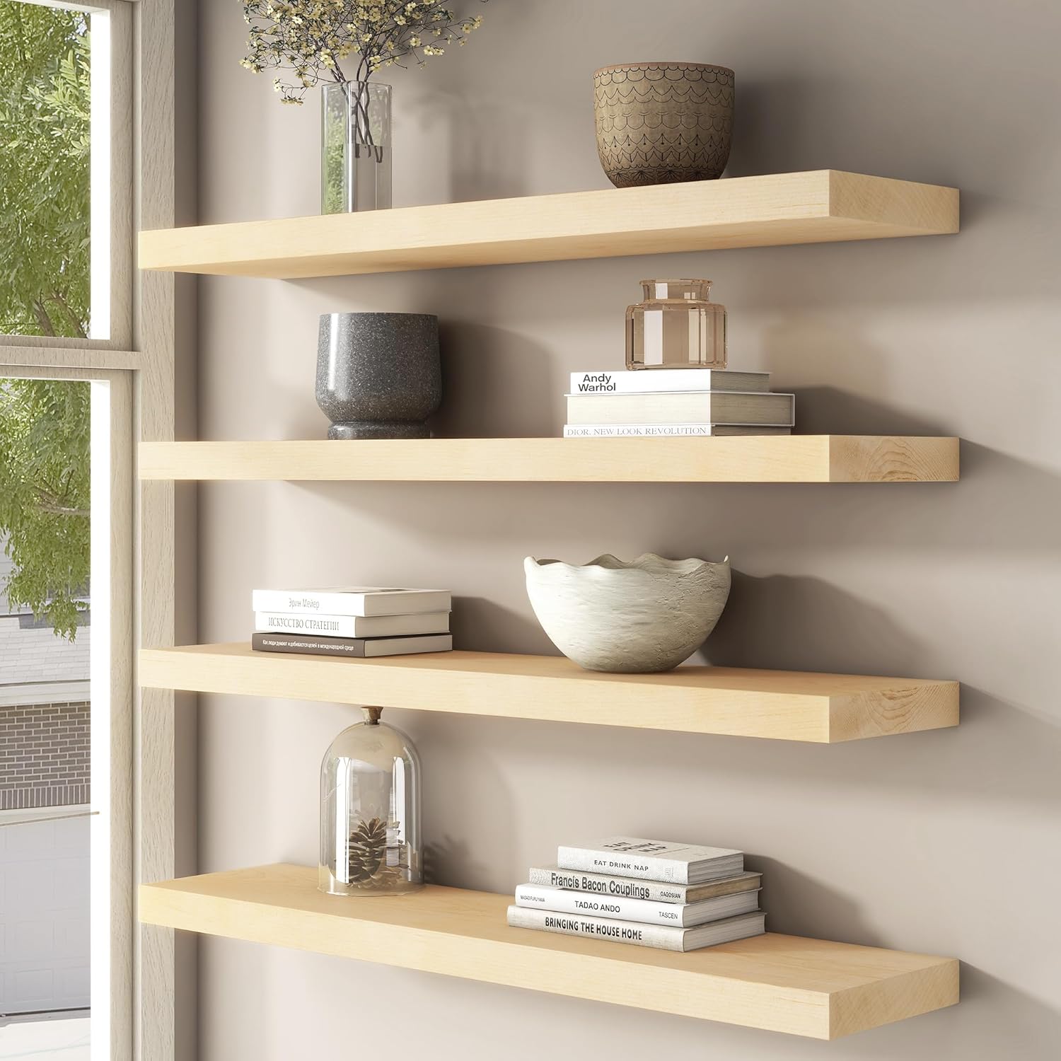 Floating Shelves for Wall, USA-Sourced Maple Wood 36 Inch Long Wall Shelves Set of 2, Natural