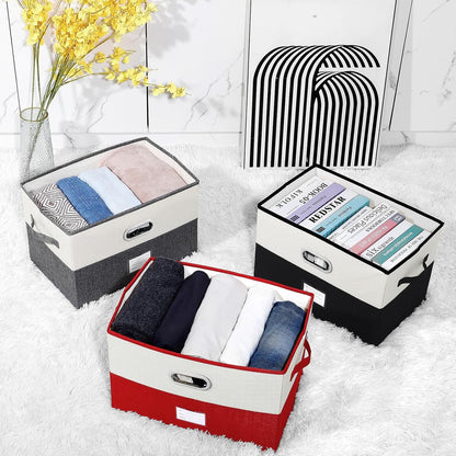 Large Linen Fabric Foldable Storage Bins with Removable Lid and Handles, Washable Storage Box