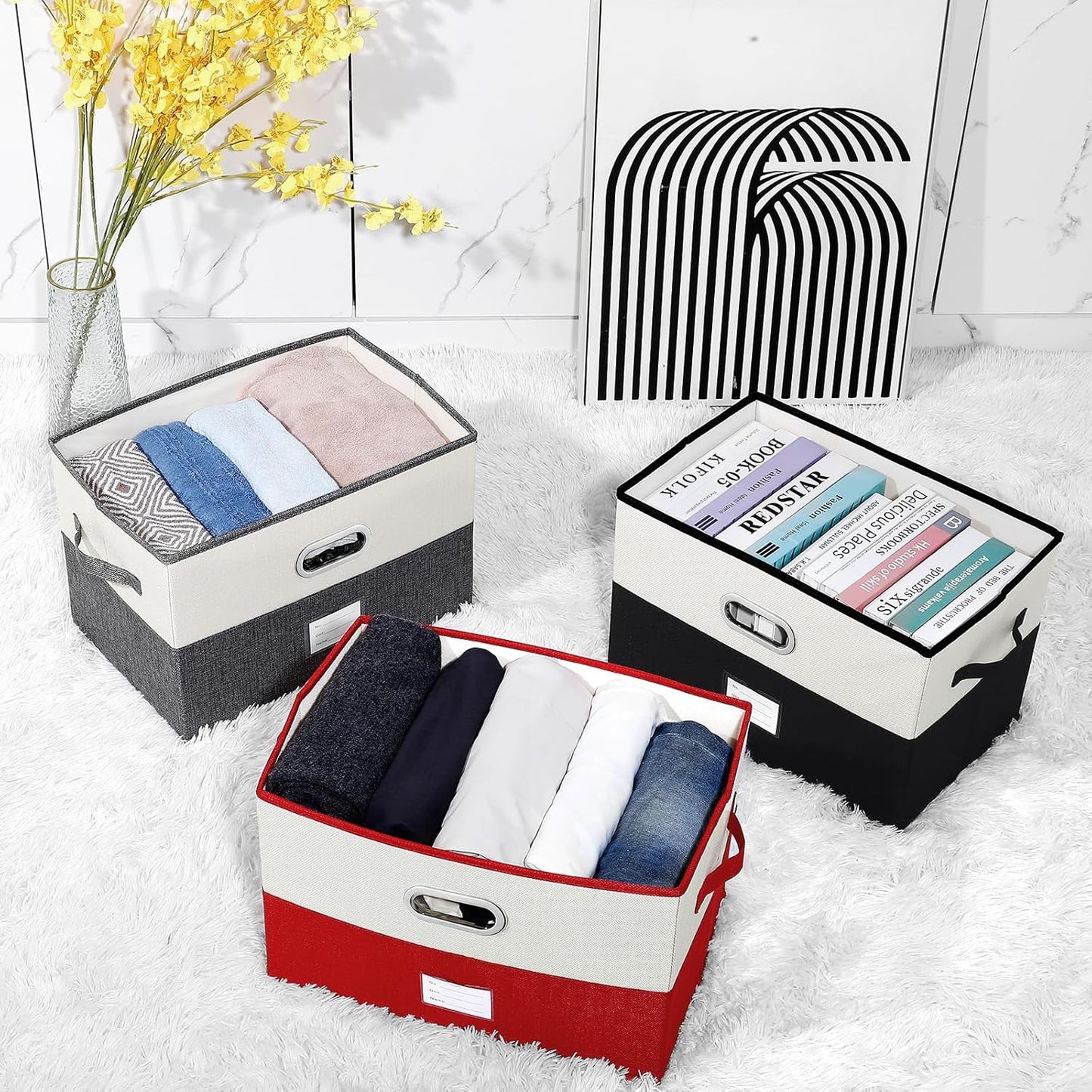 Large Linen Fabric Foldable Storage Bins with Removable Lid and Handles, Washable Storage Box