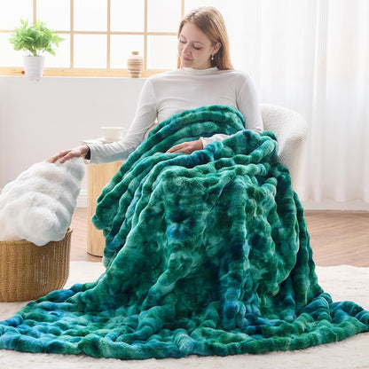 NEWCOSPLAY Faux Fur Throw Blanket Tie-dye Dark Teal Luxury Fluffy Thick Warm Bubble Blanket for