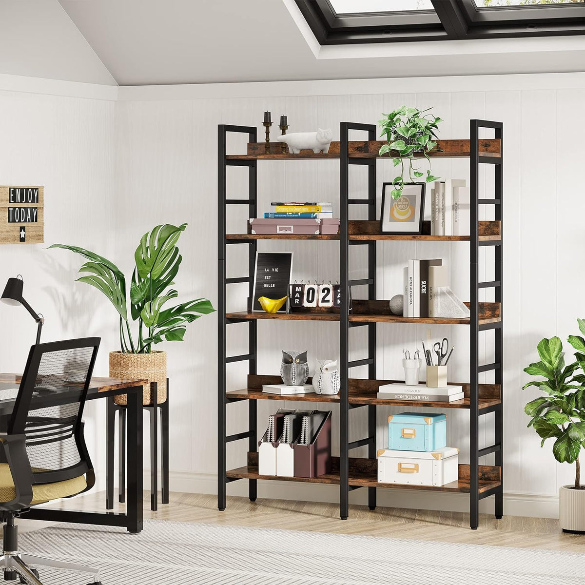 Tribesigns 5-Tier Industrial Bookshelf, 71”H x 47”W Etagere Bookcase, Freestanding Double Wide Book