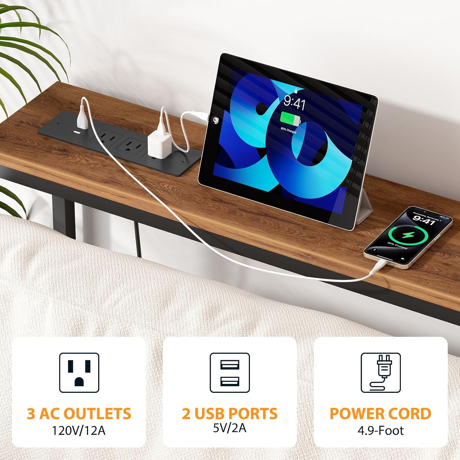 Narrow Sofa Table with 2 Power Outlets, 71” Thin Console Tables Narrow Long, Behind Couch Table