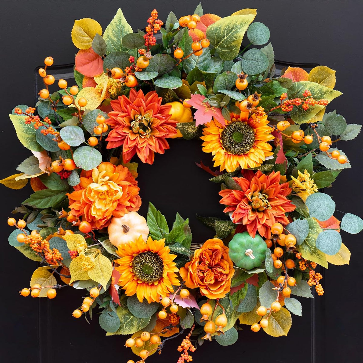 Fall Wreaths for Front Door 24 Inch Autumn Wreath with Sunflowers, Orange Dahlias, Maple Leaves &