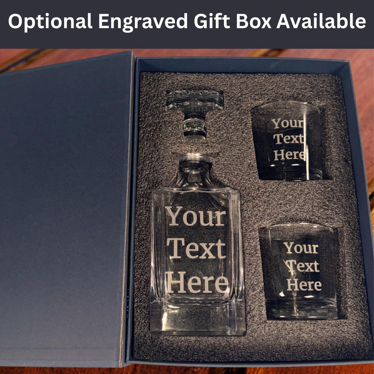 Gifts Inscribed Custom Text Whiskey Decanter & Glasses Set of 2 – Engraved Glass Cups Drinking