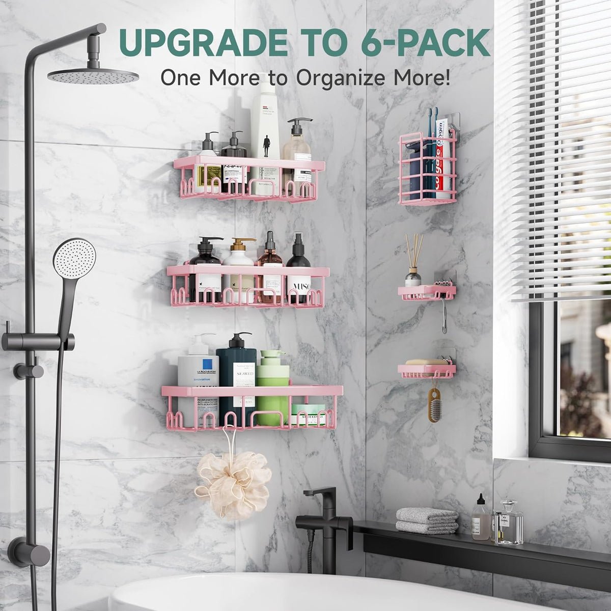 Veken Rustproof & Waterproof Shower Caddy 6-Pack, No Drilling Adhesive Shelves Rack with Soap