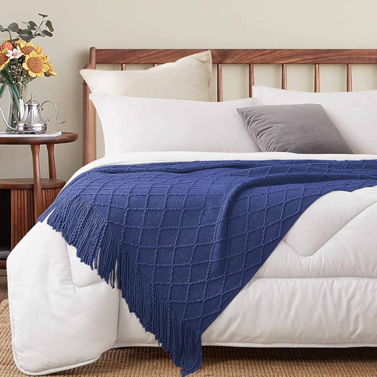 inhand Navy Blue Throw Blanket for Couch and Bed, Soft Living Room Home Decor Knitted Twin Size