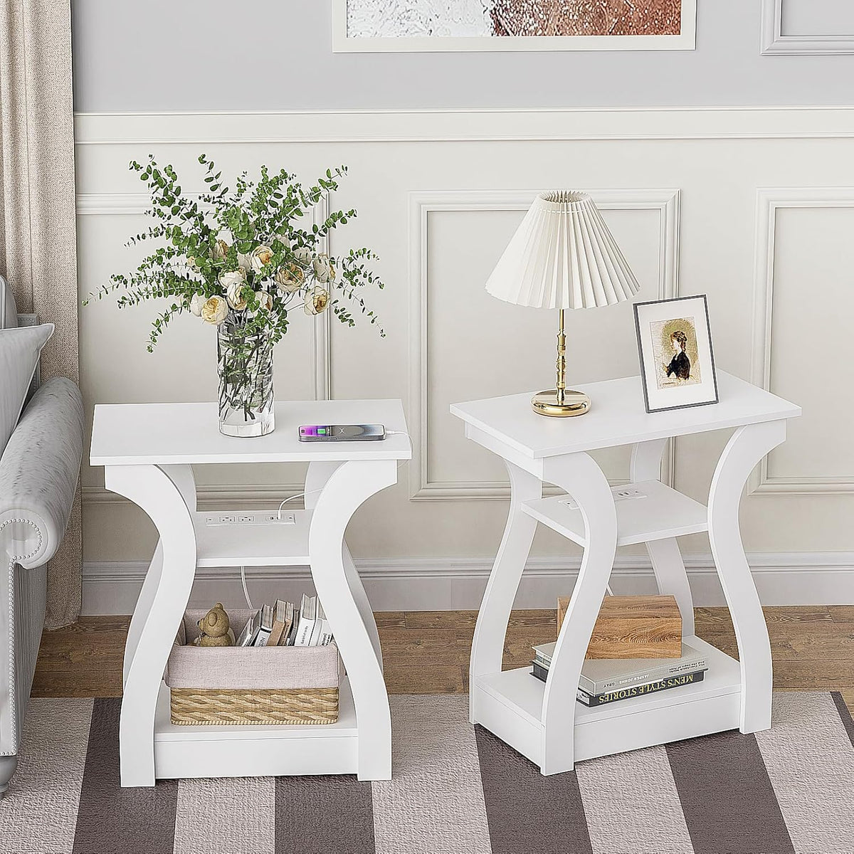 End Tables Living Room Set of 2,End White Table with Charging Station, Side Table, Nightstand for