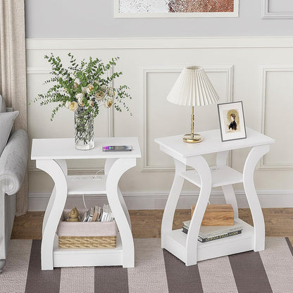 End Tables Living Room Set of 2,End White Table with Charging Station, Side Table, Nightstand for