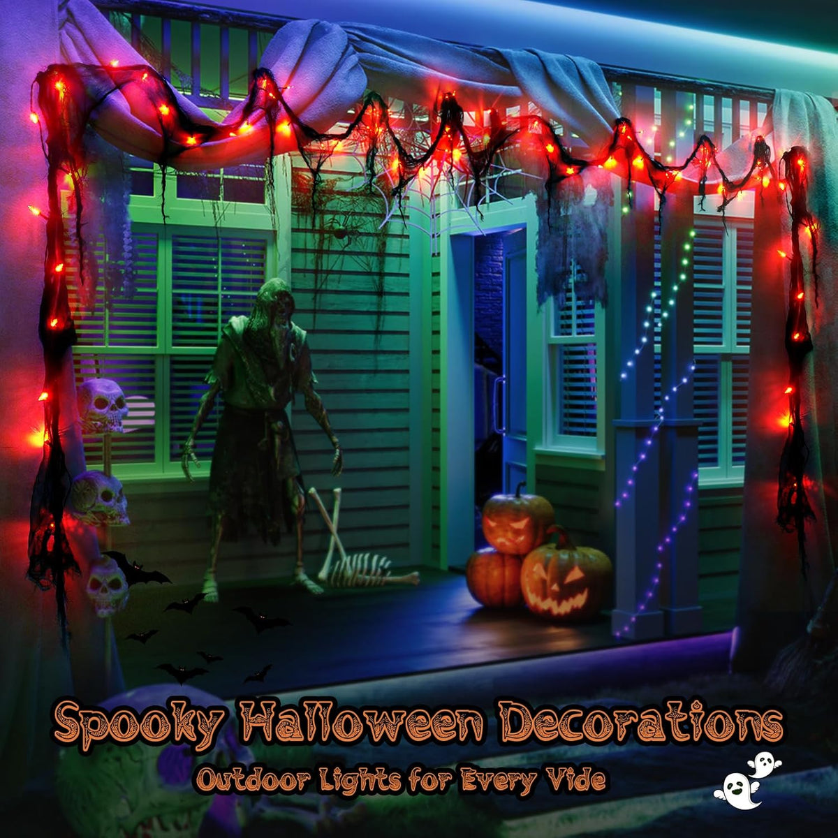 Halloween Horror Atmosphere Lights, Orange&Purple LED String Lights with 9.9FT Creepy Black Gauze