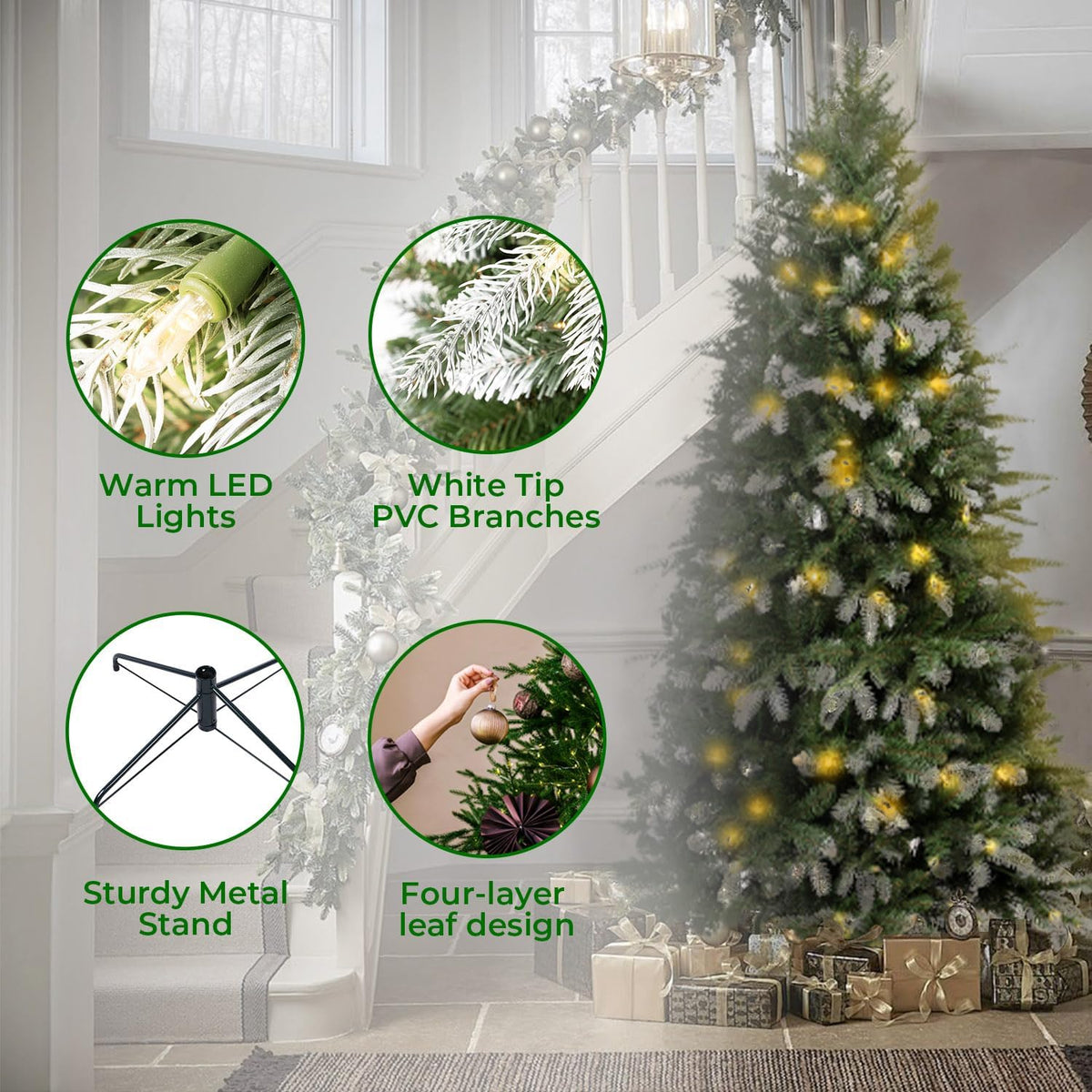 Naomi Home 6.5ft White Tip Christmas Tree with Lights, Realistic Light Snow Flocked Fir Prelit with