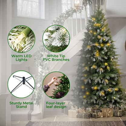 Naomi Home 6.5ft White Tip Christmas Tree with Lights, Realistic Light Snow Flocked Fir Prelit with