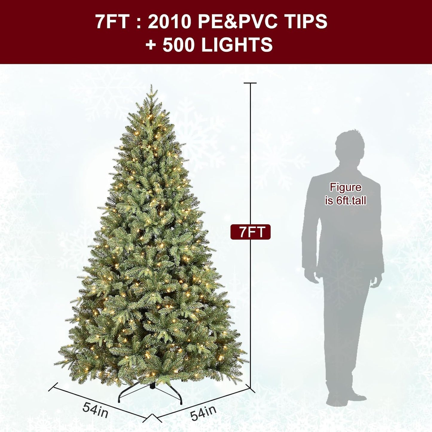 7FT Pre-Lit Artificial Christmas Tree with 2010 PE&PVC Mixed Branch Tips, 500 Warm White Lights