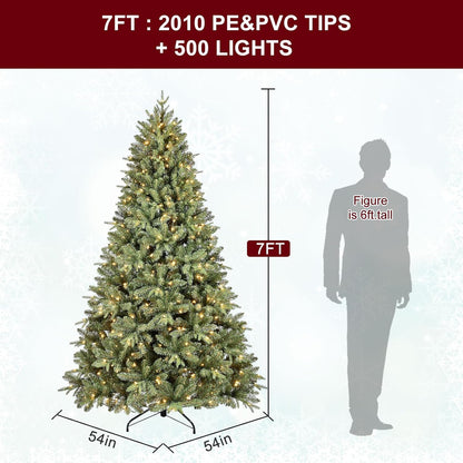 7FT Pre-Lit Artificial Christmas Tree with 2010 PE&PVC Mixed Branch Tips, 500 Warm White Lights