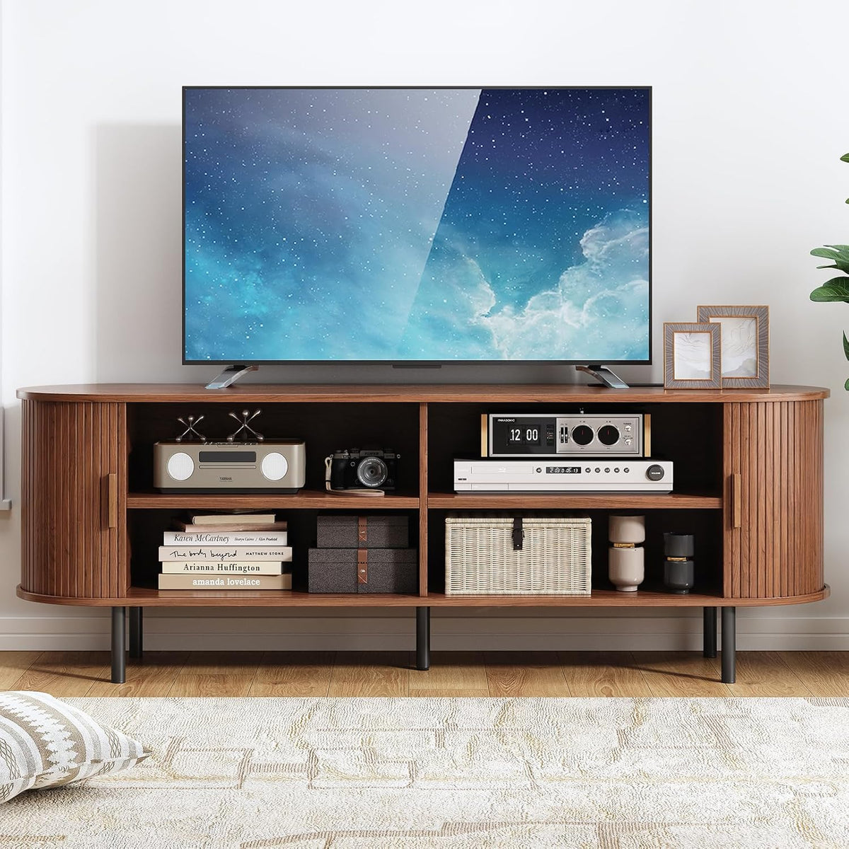 63" TV Stand with Power Outlet, Modern Media Console with Sliding Doors, Entertainment Center for