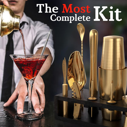 Highball & Chaser Bartender Kit with Black Bamboo Stand Beautiful Cocktail Shaker Set and Bar Tools