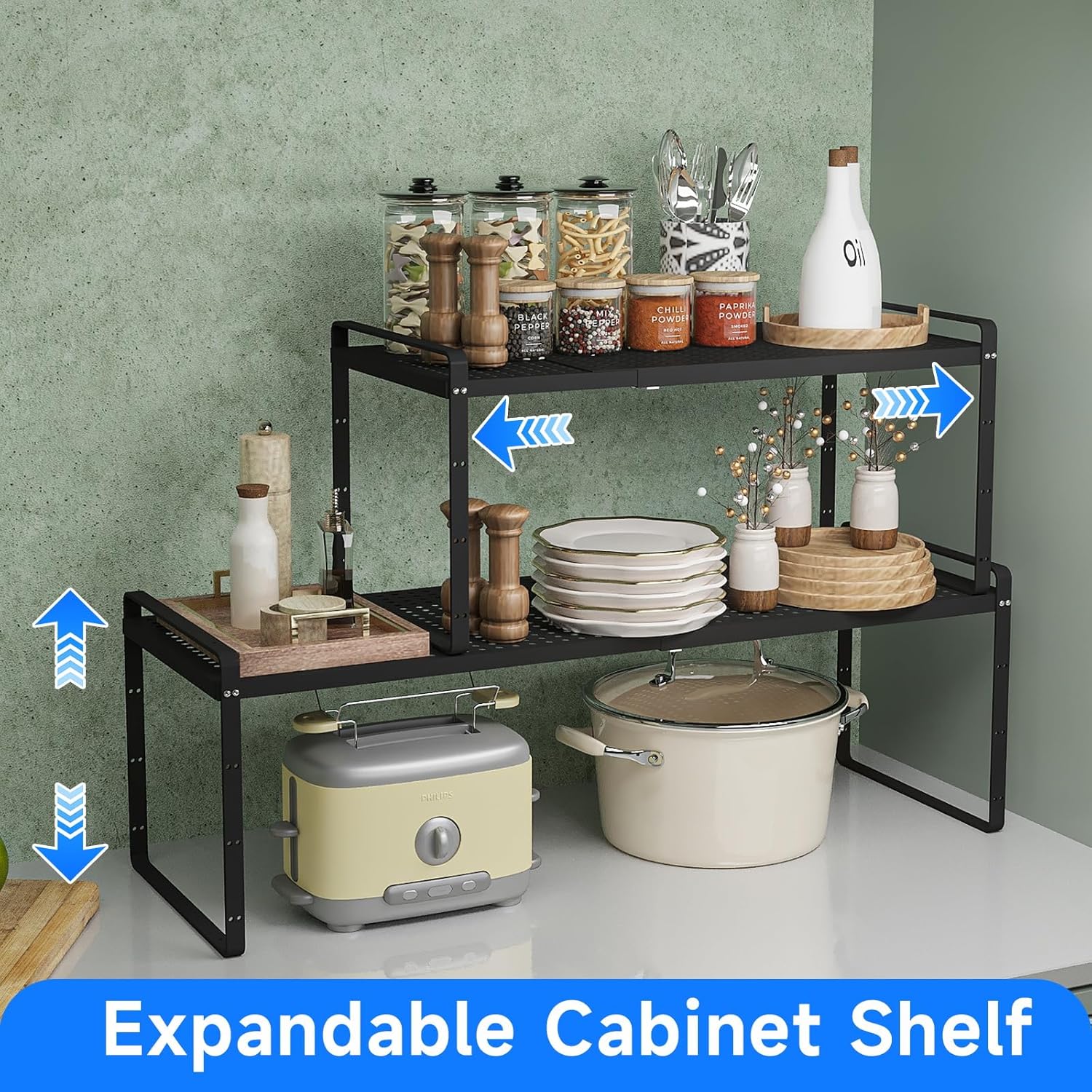 Expandable Cabinet Shelf Organizers, Kitchen Small Stand Rack Organization for Countertop Cupborad