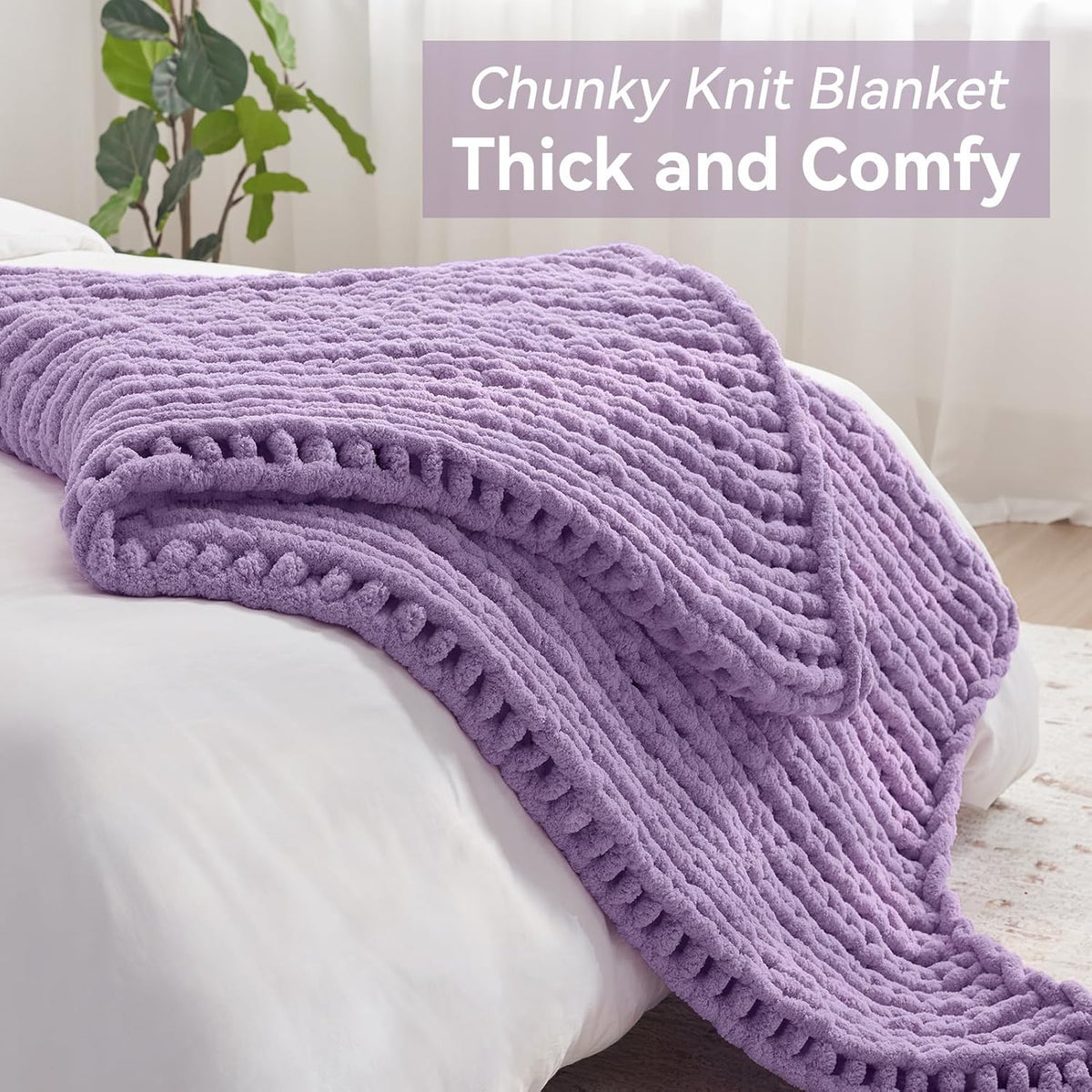 Chunky Knit Throw Blanket, 50''*60'' Knitted Throw Chenille Yarn for Bed Couch, Handmade Light