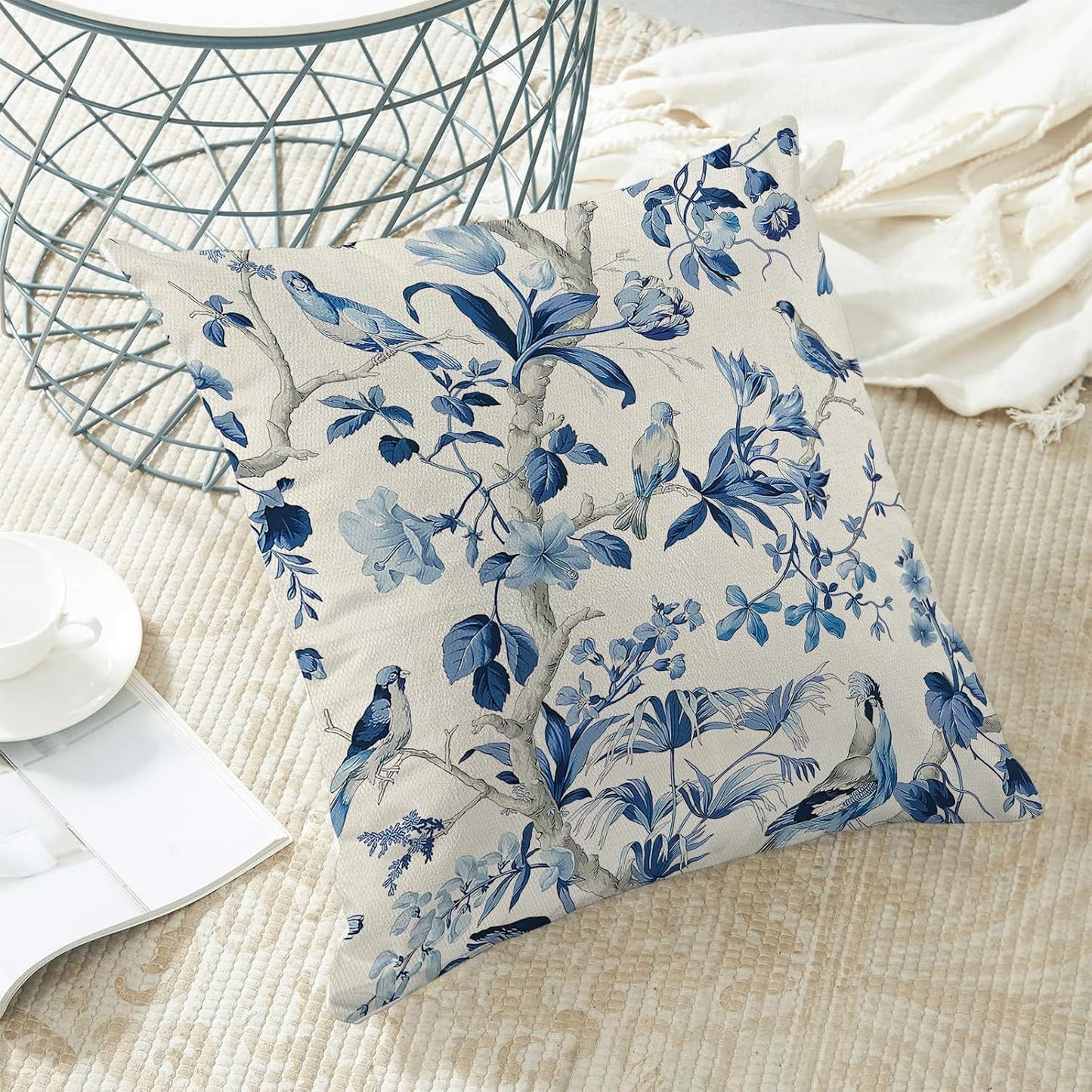 CXMEIFLY Navy Blue Spring Floral Pillow Covers 18 x 18 Inch Set of 2 for Chinoiserie Flowers Bird
