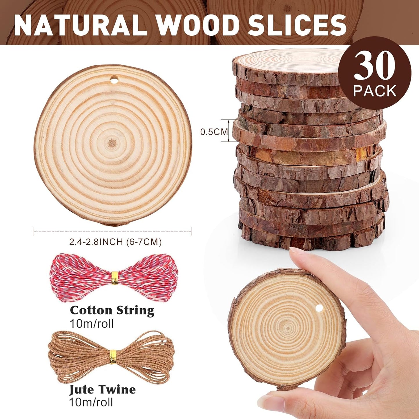 30 Pack Wood Slices for Crafts,2.4-2.8In Unfinished Natural Wood Rounds with Tree Bark.Wood Circles
