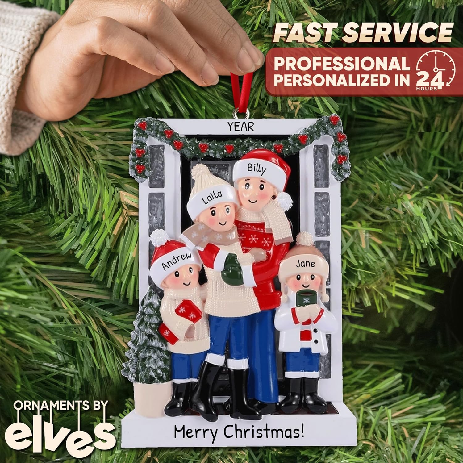 Personalized Family Christmas Ornaments 2025 | Custom Name & Year | 4 Person Cozy Winter Scene with