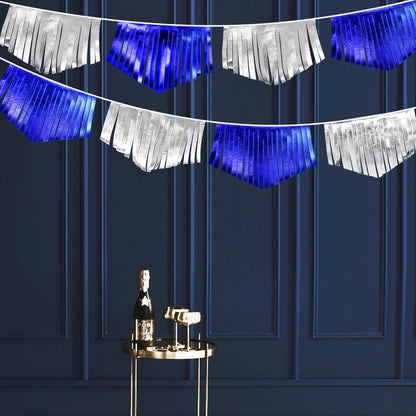 Royal Blue Silver Tassel Banner Metallic Fabric Pennant Bunting Flag for Graduation Birthday
