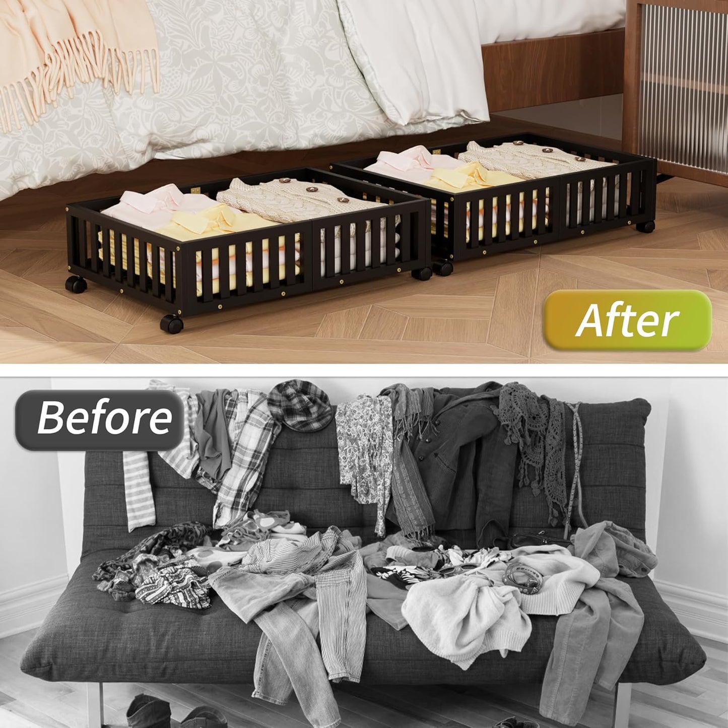 Bamboo Under Bed Storage with Wheels (2-Pack) – Rolling Underbed Shoe Organizer Box for Shoes