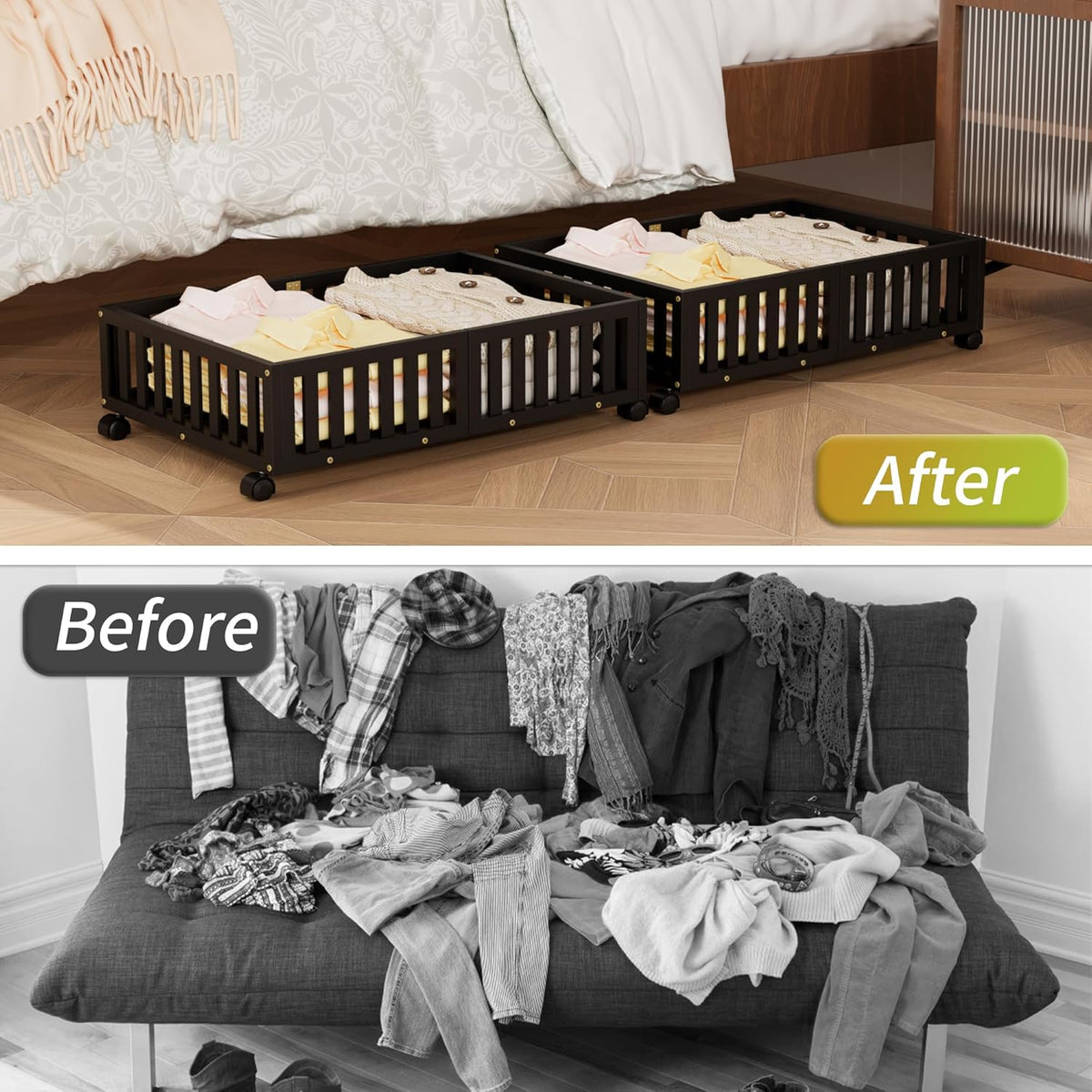 Bamboo Under Bed Storage with Wheels (2-Pack) – Rolling Underbed Shoe Organizer Box for Shoes