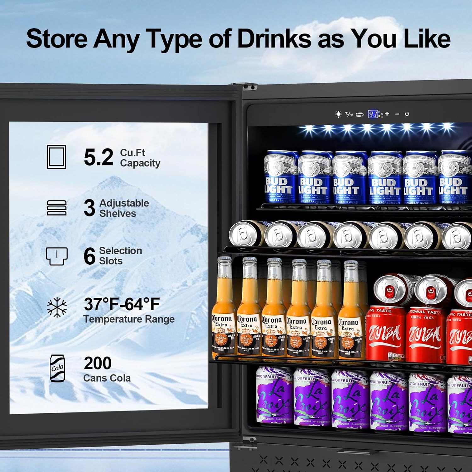 24 Inch Beverage Refrigerator, 5.2 Cu. Ft. Drink Refrigerator with Glass Door, 200 Cans Under