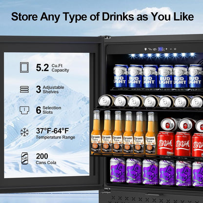 24 Inch Beverage Refrigerator, 5.2 Cu. Ft. Drink Refrigerator with Glass Door, 200 Cans Under