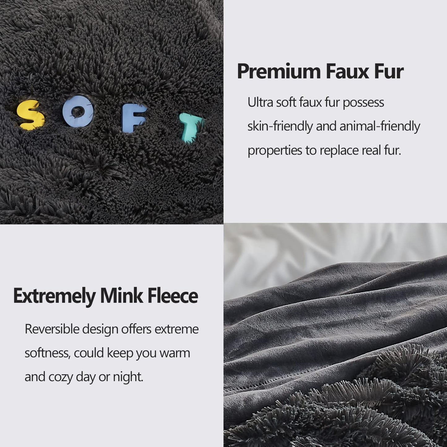 GONAAP Fuzzy Faux Fur Throw Blanket Queen Size Dark Grey Super Soft Cozy Plush Fuzzy Shaggy Blanket