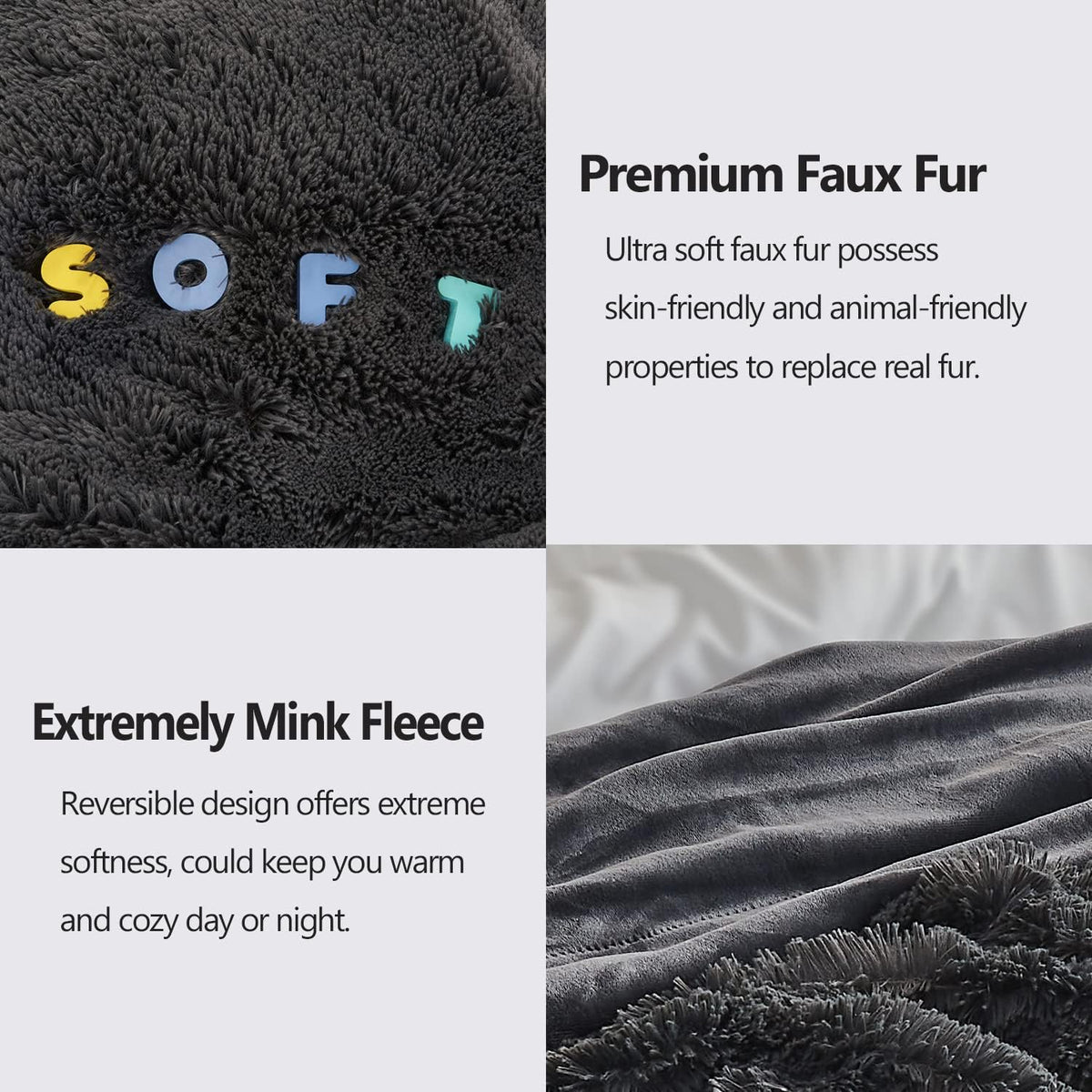 GONAAP Fuzzy Faux Fur Throw Blanket Dark Grey Super Soft Cozy Plush Fuzzy Shaggy Blanket for Couch