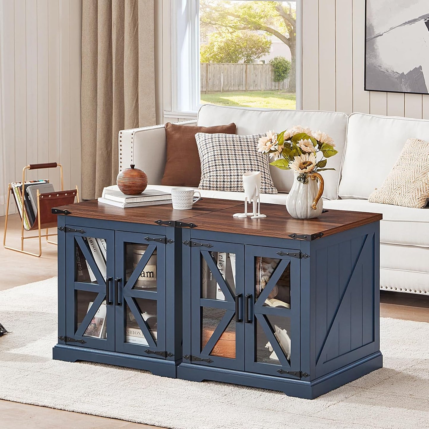Farmhouse End Table Set of 2 with Charging Station, 24" Large Sofa Side Table with Glass Barn Door