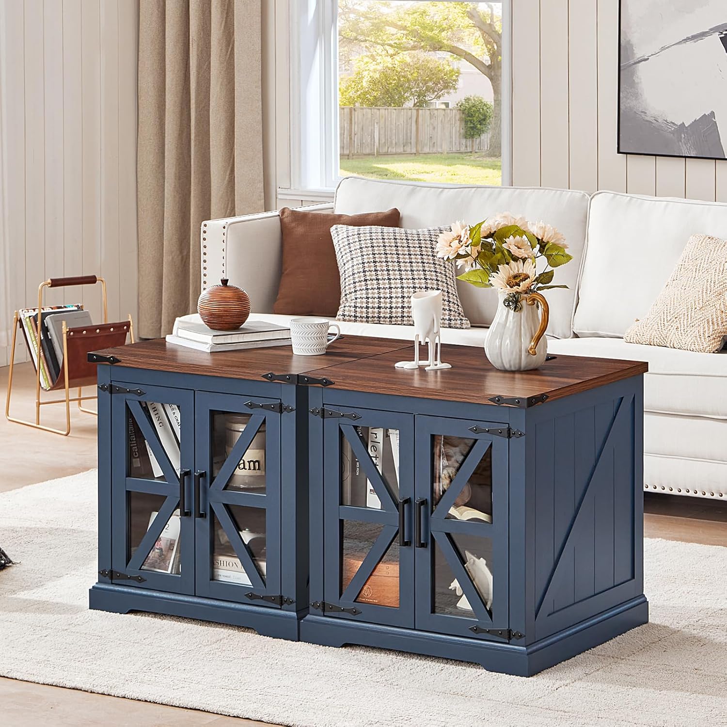 Farmhouse End Table Set of 2 with Charging Station, 24" Large Sofa Side Table with Glass Barn Door