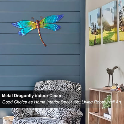 POXOHO Handmade Metal and Glass Dragonfly Wall Decor - Outdoor Garden Fence Art - 15 * 8.6 inches