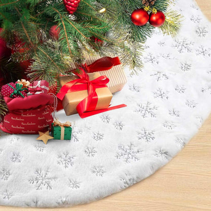 Christmas Tree Skirt, 48 Inch White Luxury Faux Fur & Silver Sequin Snowflakes, 4ft Xmas Tree Skirt