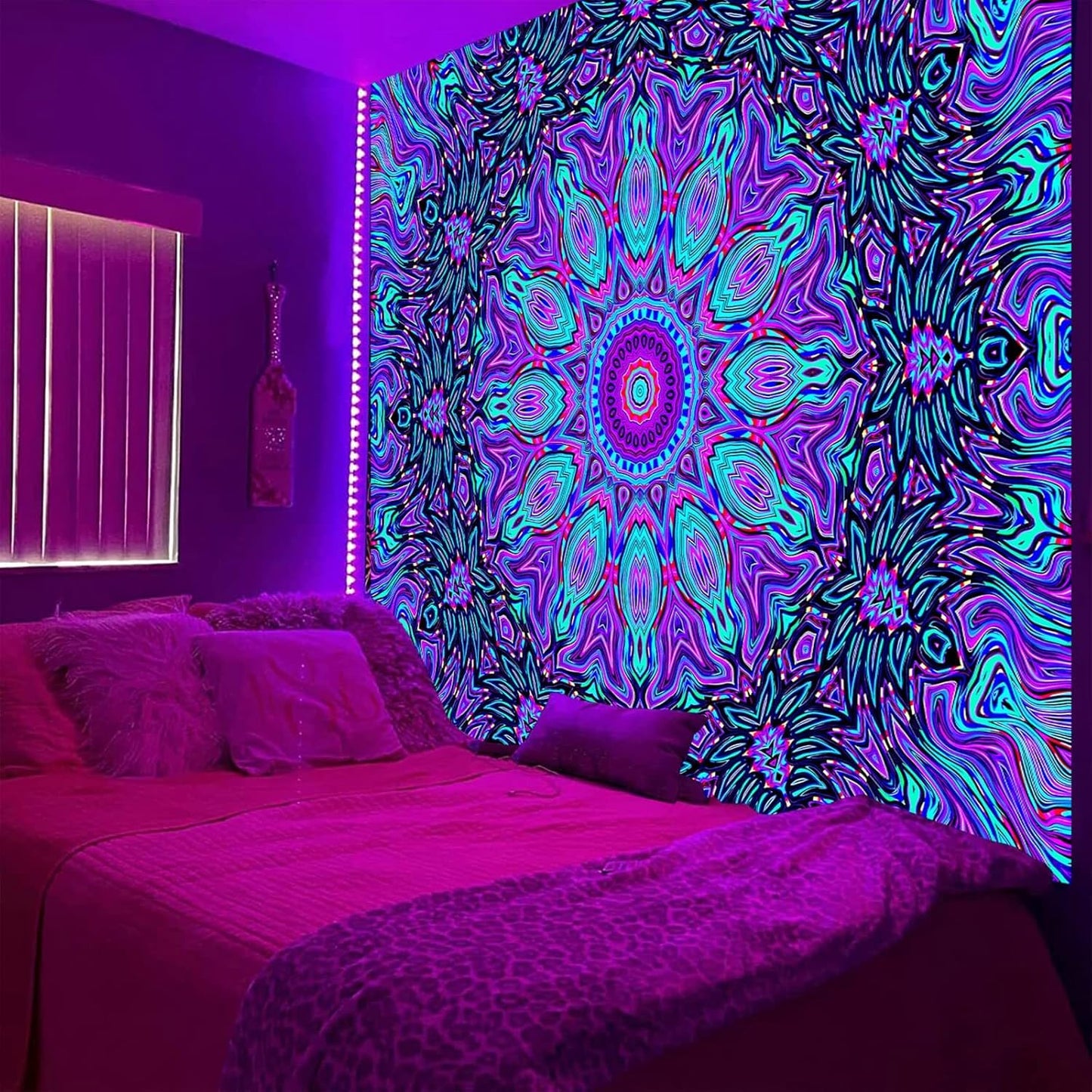 PSYHILAR Blacklight Mandala Tapestry for Bedroom, Psychedelic Black Light Posters for Adults and