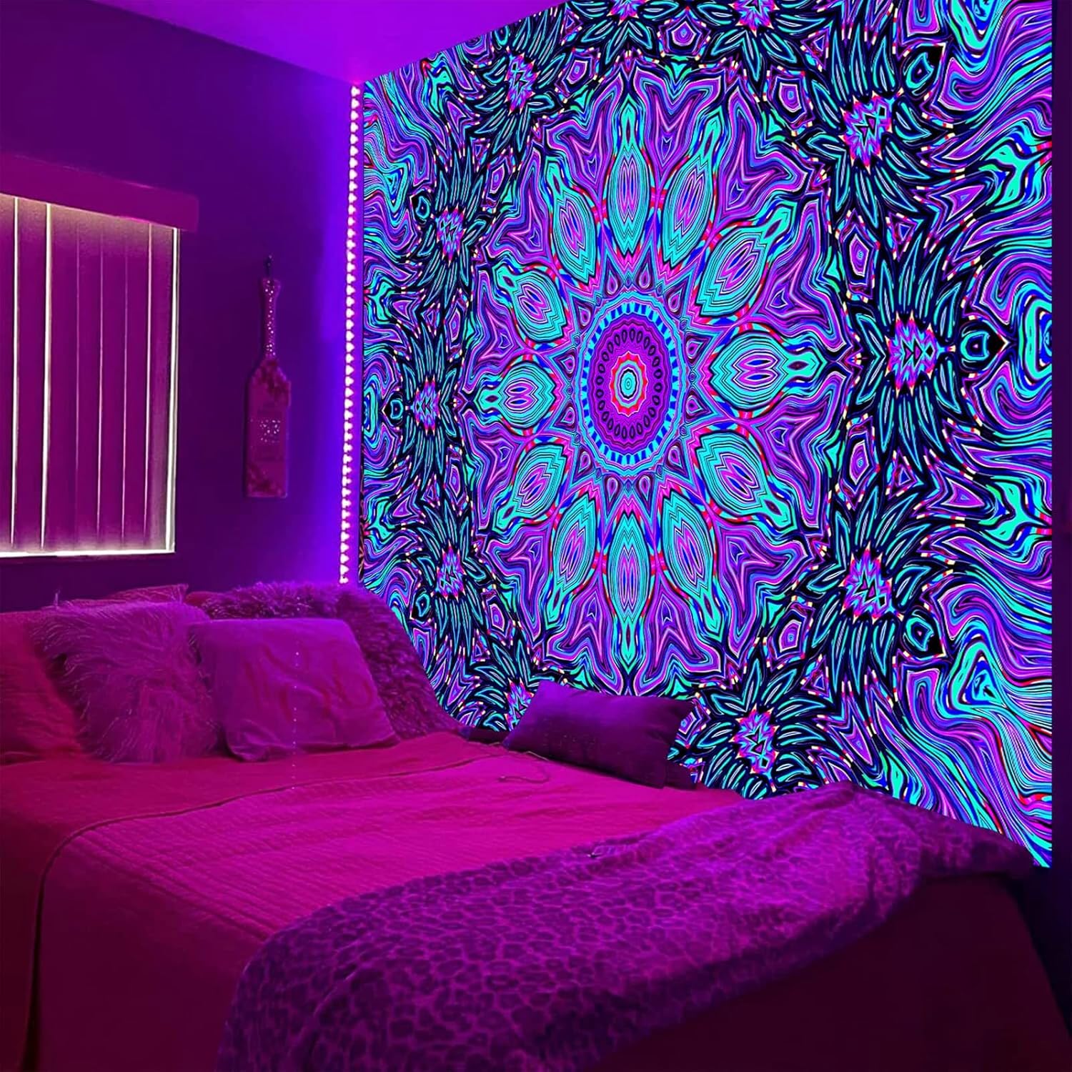 PSYHILAR Blacklight Mandala Tapestry for Bedroom, Psychedelic Black Light Posters for Adults and