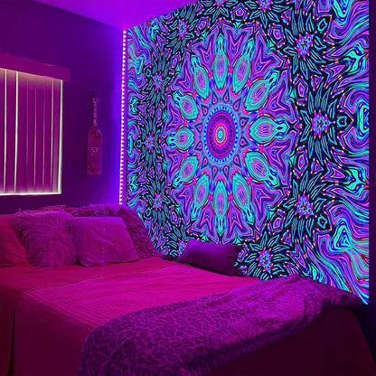 PSYHILAR Blacklight Mandala Tapestry for Bedroom, Psychedelic Black Light Posters for Adults and