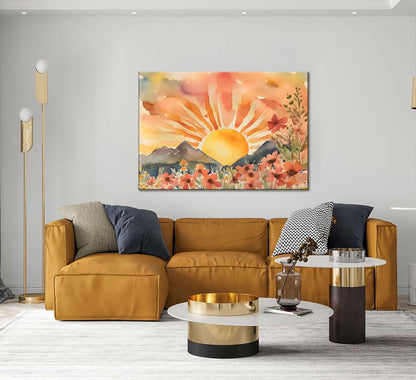 Boho Sun Canvas Wall art Mid-Century Modern Abstract Bohemian Sunset in The Mountains Watercolor