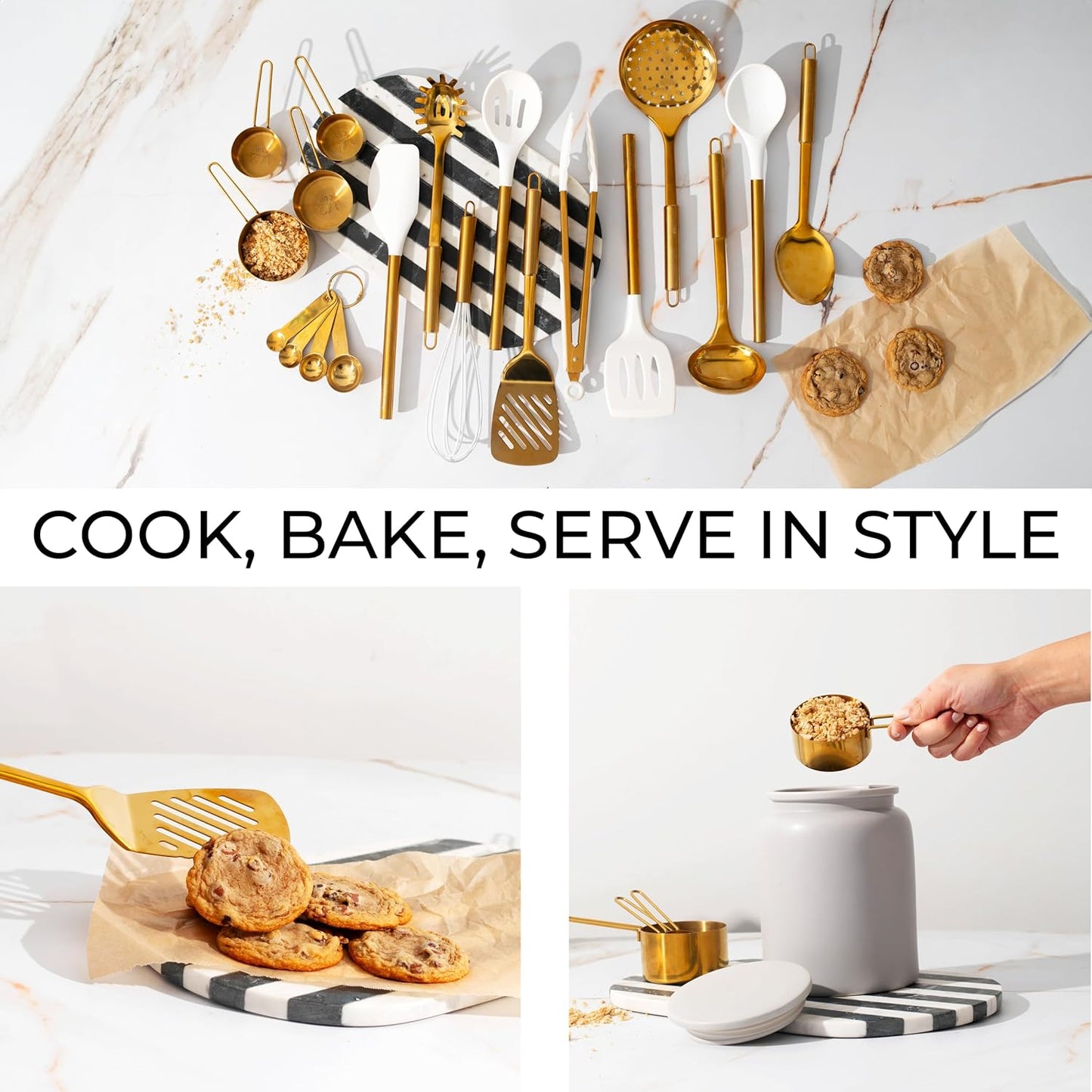 Gold Kitchen Utensils Set - 19-Piece Set Includes Stainless Steel Gold Utensils, White Silicone