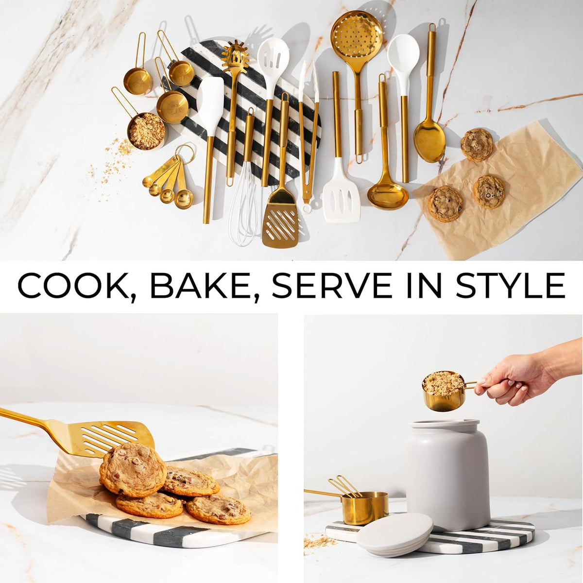 Gold Kitchen Utensils Set - 19-Piece Set Includes Stainless Steel Gold Utensils, White Silicone