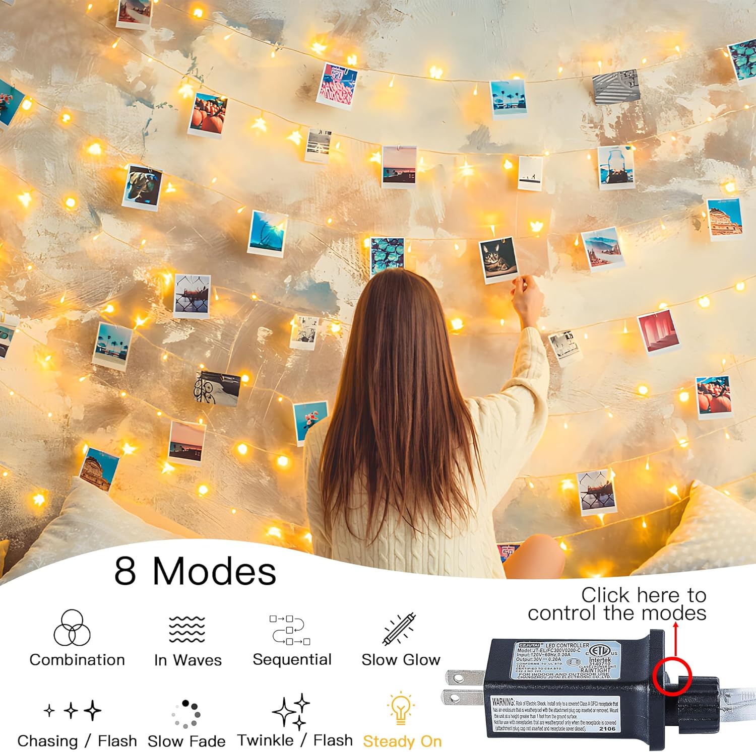 String Lights Indoor Bedroom, 100 LED 33FT Fairy String Lights Outdoor Waterproof, 8 Modes