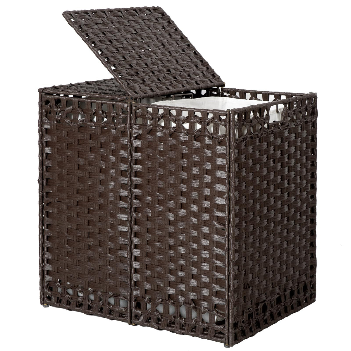 130L Foldable Laundry Hamper with Lid - Handwoven Rattan Storage Basket, 2-Section Clothes Hamper