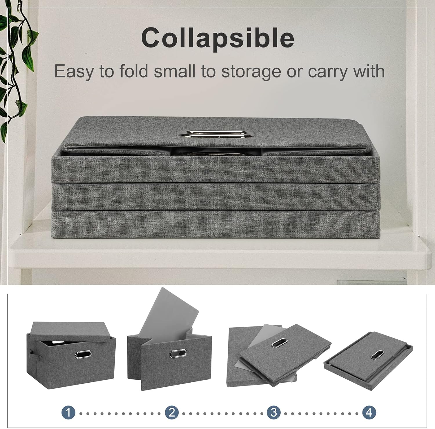 Medium 15" 21 Quart Collapsible Stackable Storage Bins with Lids, 5 Packs Grey Foldable Fabric
