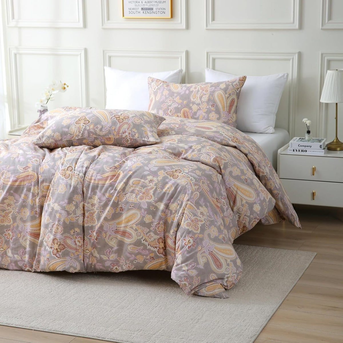 ABREEZE Paisley Bedding Sets 3Pcs Brushed Cotton Duvet Cover Set King Size Rustic Damask Gold