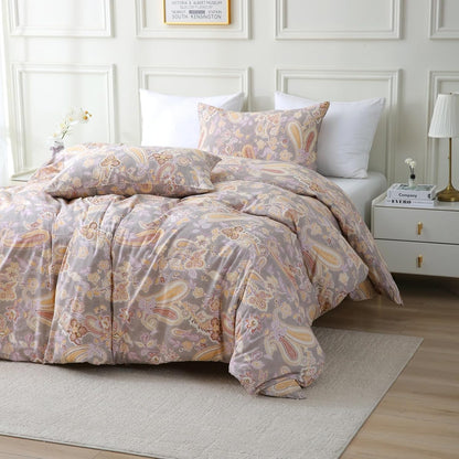 ABREEZE Paisley Bedding Sets 3Pcs Brushed Cotton Duvet Cover Set King Size Rustic Damask Gold